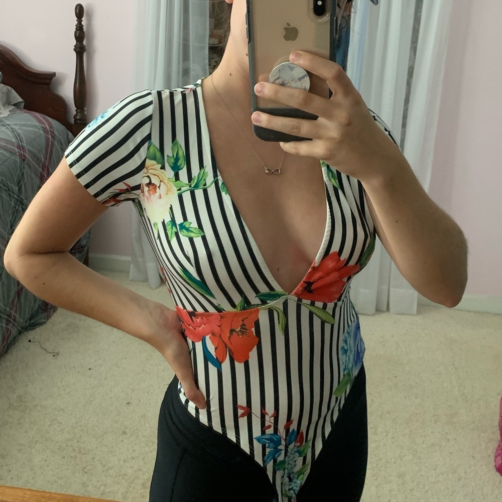 Fashion Nova Striped/Flowered Bodysuit